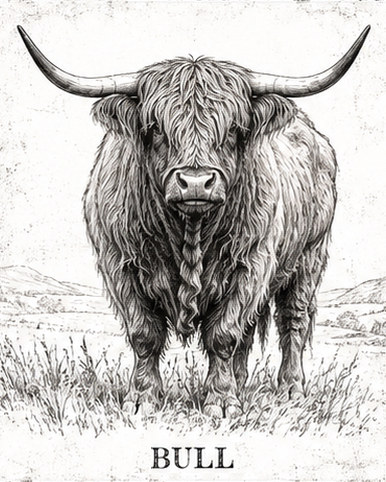 Pen-and-ink illustration of a Highland bull in a field, captioned 