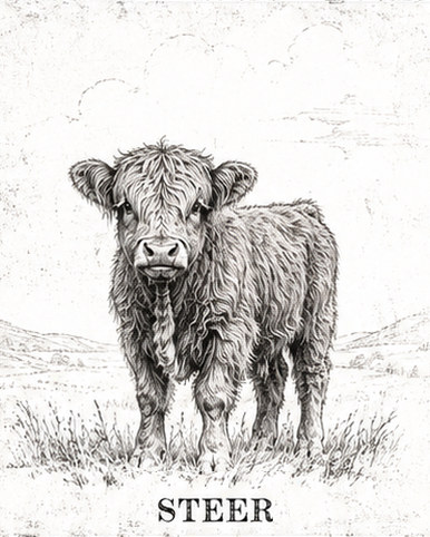 Pen-and-ink illustration of a Highland steer in a field, captioned 