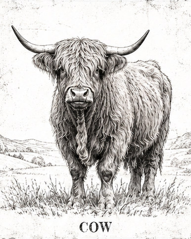 Pen-and-ink illustration of a Highland cow in a field, captioned 