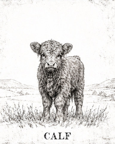 Pen-and-ink illustration of a Highland calf in a field, captioned 